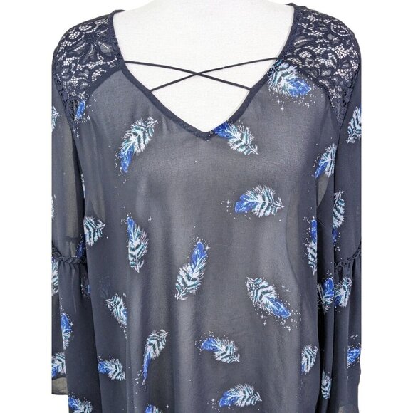 Womens Plus Size 22 Sheer Blouse Top Black Blue Bell Sleeve Lace Cross Front - Picture 2 of 6